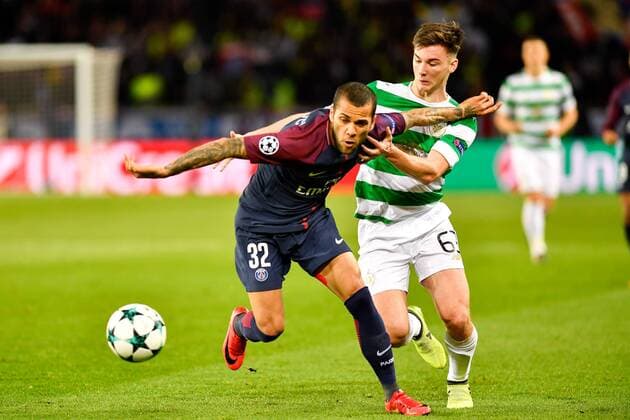 (171123) -- PARIS, Nov. 23, 2017 -- Dani Alves (L) of Paris Saint-Germain competes with Kieran Tierney of Celtic FC during the Group B match of 2017-18 UEFA Champions League in Paris, France on Nov. 22, 2017. Paris Saint-Germain won 7-1 at home. ) (SP)FRANCE-PARIS-CHAMPIONS LEAGUE-PARIS SAINT-GERMAIN VS CELTIC FC ChenxYichen 