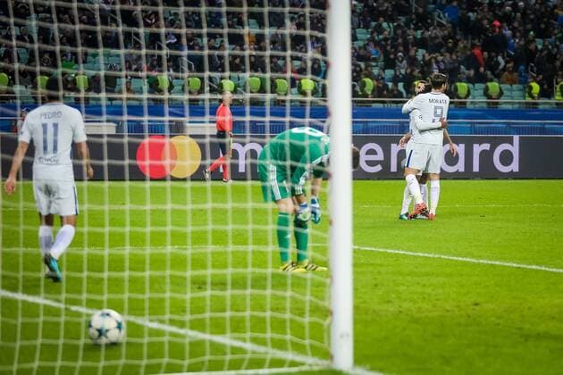 Azerbaijan: Qarabag FK 0-4 Chelsea FC Chelsea s Willian, celebrates scoring his sides fourth goal of the game during their Champions League, group C, soccer match between Qarabag FK and Chelsea at the Baku Olympic stadium in Baku Wednesday Nov. 22, 2017. Chelsea won the game 4-0. Azerbaijan  AzizxKarimovx xPacifcixPress