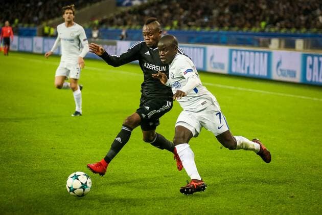 Azerbaijan: Qarabag FK 0-4 Chelsea FC Chelsea s N Golo Kante (7), group C, right vies for the ball with Qarabag s Donald Guerrier (77) during their Champions League, soccer match between Qarabag FK and Chelsea at the Baku Olympic stadium in Baku Azerbaijan, Azerbaijan Wednesday Nov.22 2017. Chelsea won the game 4-0, Azerbaijan  AzizxKarimovx xPacifcixPress