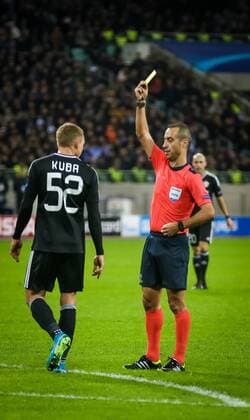 Azerbaijan: Qarabag FK 0-4 Chelsea FC Referee Manuel De Sousa shows a yellow card to Qarabag s Jakub Rzezniczak during their Champions League, group C, soccer match between Qarabag FK and Chelsea at the Baku Olympic stadium in Baku, Azerbaijan, Wednesday, Nov. 22, 2017. Azerbaijan  AzizxKarimovx xPacifcixPress