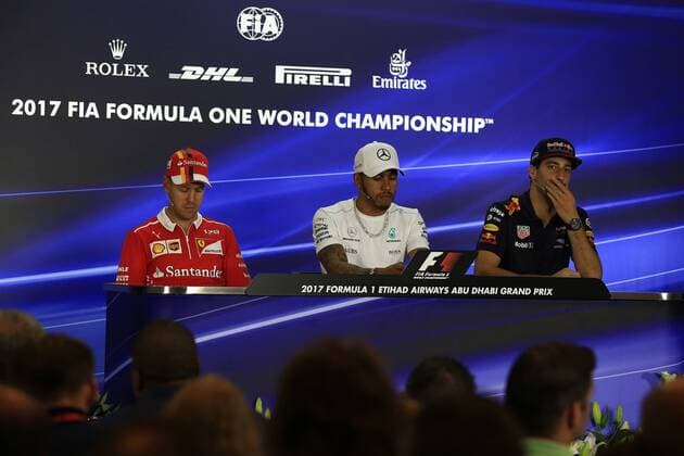 23rd November 2017, Yas Marina Circuit, Abu Dhabi, UAE; Abu Dhabi Formula One Grand Prix, driver arrivals and press conference PK Pressekonferenz Lewis Hamilton - Mercedes AMG Petronas, Daniel Ricciardo - Red Bull Racing and Sebastian Vettel - Scuderia Ferrari  ActionPlus11955035