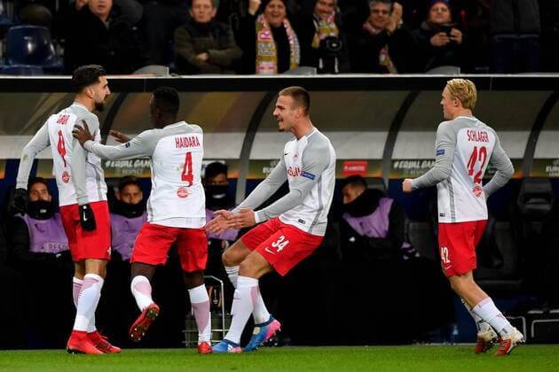 SOCCER - EL, RBS vs Vitoria SALZBURG,AUSTRIA,23.NOV.17 - SOCCER - UEFA Europa League, Red Bull Salzburg vs Vitoria Guimaraes SC. Image shows the rejoicing of RBS. GEPAxpictures xFlorianxErtl