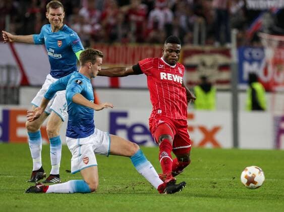 Koeln, Rhein Energie Stadion, 13.02.2016, Fußball, UEFA Europa League, FC Koeln - FC Arsenal Bild: li.Rob Holding (FC Arselnal, 16),re.Jhon Cordoba (FC Köln, 15) Copyright: HMBxMedia ThomasxJäger