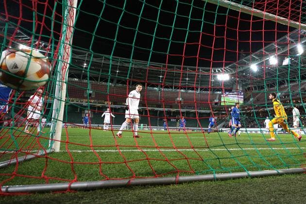 MOSCOW, RUSSIA â€“ NOVEMBER 23, 2017: Lokomotiv Moscow s goalkeeper Anton Kochenkov (R) concedes a goal reacts in their 2017-18 UEFA Europa League Group F Round 5 football match against FC Copenhagen at RZD Arena Stadium. Sergei Bobylev TASS  TS06A4FA