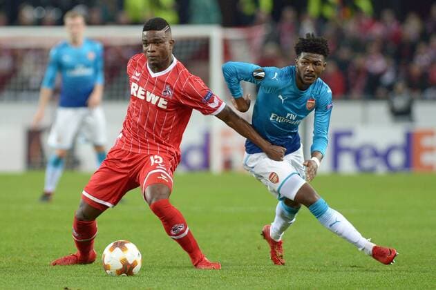 Koeln, Germany 23.11.2017, UEFA Europa League - 2017 18 Season, Gruppenphase - Gruppe H - 5. Spieltag, 1. FC Koeln - FC Arsenal, von links: Jhon Cordoba (KOE), Ainsley Maitland-Niles (Arsenal) ( DeFodi521