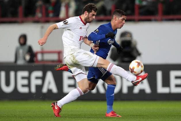 MOSCOW, RUSSIA â€“ NOVEMBER 23, 2017: Lokomotiv Moscow s Solomon Kvirkvelia (L) and FC Copenhagen s Pieros Sotiriou fight for the ball in their 2017-18 UEFA Europa League Group F Round 5 football match at RZD Arena Stadium. Sergei Bobylev TASS  TS06A506