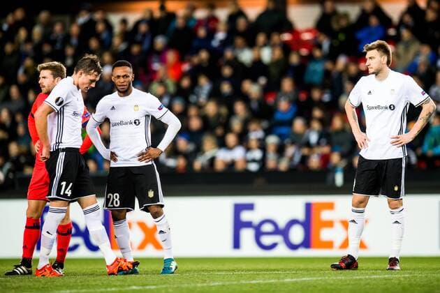 171123 Johan LÃ¦dre BjÃ¸rdal, Samuel Adegbenro and Nicklas Bendtner look dejected during the UEFA Europa League match between Rosenborg and Real Sociedad on November 23, 2017 in Trondheim. Photo: Jon Olav Nesvold BILDBYRAN kod JE 160081  Copyright: JONxOLAVxNESVOLD BB171123BB970