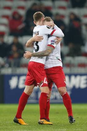 Essevee s Brian Hamalainen celebrates after scoring during a game between French club OGC Nice and Belgian soccer team SV Zulte Waregem, the fifth game of the group stage (Group K) of the UEFA Europa League competition, Thursday 23 November 2017 in Nice, France. BRUNOxFAHY  x05207300x