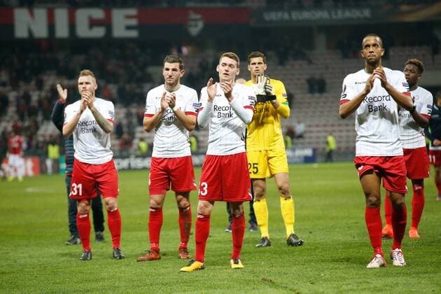Essevee s players looks dejected after a game between French club OGC Nice and Belgian soccer team SV Zulte Waregem, the fifth game of the group stage (Group K) of the UEFA Europa League competition, Thursday 23 November 2017 in Nice, France. BRUNOxFAHY  x05207326x