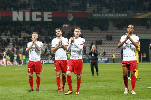 Essevee s players looks dejected after a game between French club OGC Nice and Belgian soccer team SV Zulte Waregem, the fifth game of the group stage (Group K) of the UEFA Europa League competition, Thursday 23 November 2017 in Nice, France. BRUNOxFAHY  x05207329x