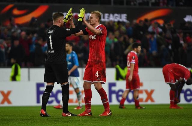 23.11.2017, xjhx, Fussball Europa League, 1.FC Koeln - Arsenal London, emspor v.l. Timo Horn (1. FC Koeln), Frederik Soerensen (1. FC Köln) jubeln jubelt nach Spielende.n Koeln