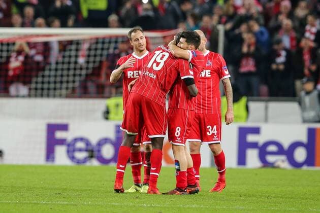 Sehrou Guirassy (FC Koeln 19) freut sich mit der Mannschaft nach Abpfiff, 1. FC Koeln - FC Arsenal London Koeln Copyright: xEIBNER BenjaminxHornx EP_BHN