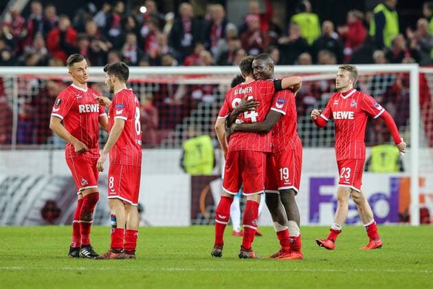 Sehrou Guirassy (FC Koeln 19) freut sich mit der Mannschaft nach Abpfiff, 1. FC Koeln - FC Arsenal London Koeln Copyright: xEIBNER BenjaminxHornx EP_BHN