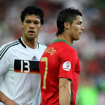 basel , 19-06-08 ek euro2008 kwartfinale portugal - duitsland michael ballack en christiano ronaldo portugal - duitsland