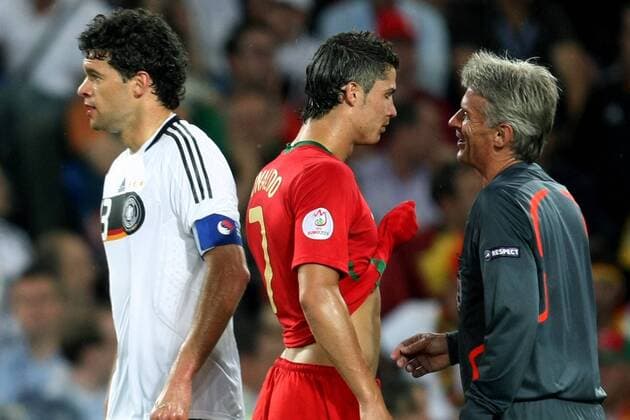 basel , 19-06-08 ek euro2008 kwartfinale portugal - duitsland 2-3 christiano ronaldo en michael ballack portugal - duitsland