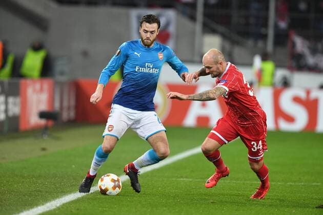 Fussball, UEFA Europaleague, Saison 2017 2018, 1.FC koeln vs FC Arsenal, 23.11.2017, Rheinenergiestadion Koeln, Mathieu Debuchy FC Arsenal , Konstantin Rausch, FC Köln,