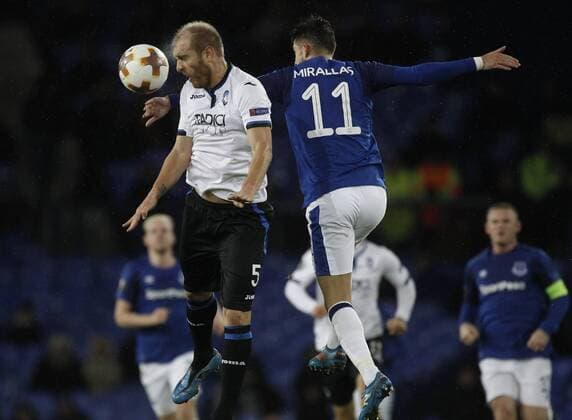 23rd November 2017, Goodison Park, Liverpool, England; UEFA Europa League, Everton versus Atalanta; Andrea Masiello of Atalanta wins an aerial challenge against Kevin Mirallas of Everton  ActionPlus11955142