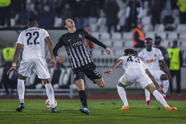 23rd November 2017, Partizan Stadium, Serbia, Belgrade; UEFA Europa League, Partizan versus Young Boys; Midfielder Danilo Pantic of Partizan is disappointed after he lost the ball in the duel against Defender Gregory Wuthrich and Defender Kevin Mbabu of Young Boys  ActionPlus11955156