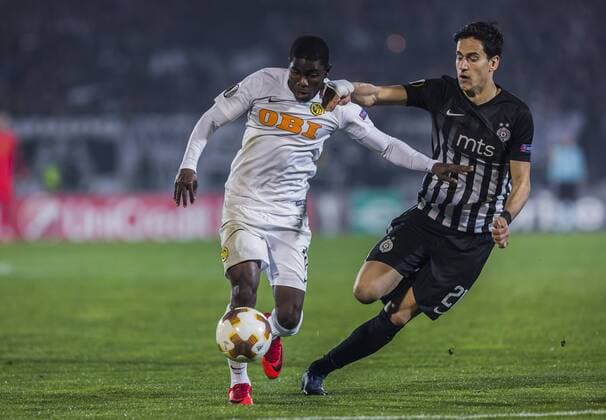 23rd November 2017, Partizan Stadium, Serbia, Belgrade; UEFA Europa League, Partizan versus Young Boys; Forward Roger Assal& xe8; of Young Boys in action against Midfielder Marko Jevtovic of Partizan  ActionPlus11955187