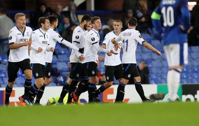 Football - 2017 2018 UEFA Europa League - Group E: Everton vs. Atalanta B.C. Robin Gosens of Atalanta celebrates scoring at Goodison Park. COLORSPORT LYNNE CAMERON 