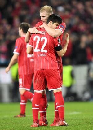 Fussball, UEFA Europaleague, Saison 2017 2018, 1.FC koeln vs FC Arsenal, 23.11.2017, Rheinenergiestadion Koeln,Frederik Sörensen, Jorge Mere beide FC Köln,Jubel