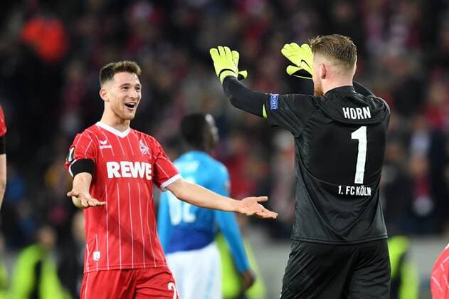 Fussball, UEFA Europaleague, Saison 2017 2018, 1.FC koeln vs FC Arsenal, 23.11.2017, Rheinenergiestadion Koeln,Salih Özcan, Timo Horn beide FC Köln,jubel