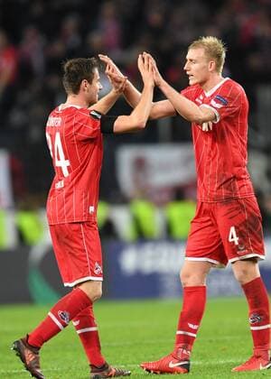 Fussball, UEFA Europaleague, Saison 2017 2018, 1.FC koeln vs FC Arsenal, 23.11.2017, Rheinenergiestadion Koeln,Lukas Klünte, Frederik Sörensen, beide FC Köln,jubel