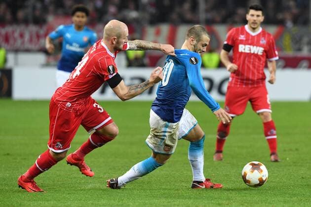 Fussball, UEFA Europaleague, Saison 2017 2018, 1.FC koeln vs FC Arsenal, 23.11.2017, Rheinenergiestadion Koeln, Konstantin Rausch FC Köln, Jack Wilshere, Arsenal FC