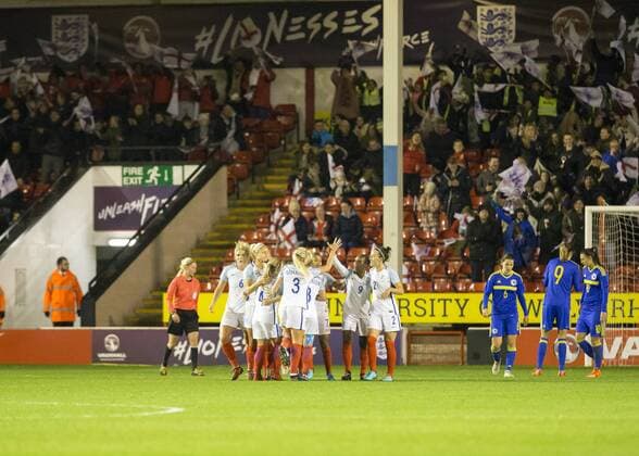 24th November 2017, Banks Stadium, Walsall, England; Womens World Cup Qualification, England Women versus Bosnia and Herzegovina Women; Stephanie Houghton of England celebrates with her team mates after scoring in the 19th minute  ActionPlus11955431