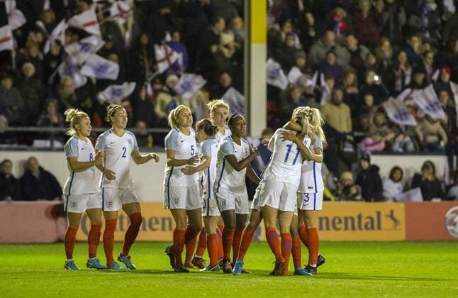 24th November 2017, Banks Stadium, Walsall, England; Women World Cup Qualification, England Women versus Bosnia and Herzegovina Women; Nikita Parris of England celebrates with her team mates after scoring in the 46th minute (2-0)  ActionPlus11955439