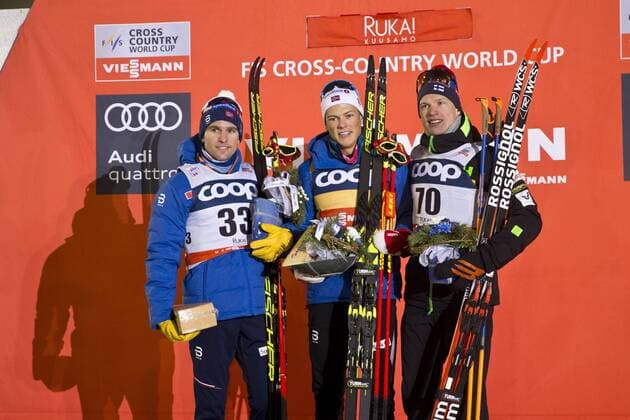 Second Didrik Tönseth, NOR. Winner Johannes Hösflot Klæbo, NOR. Third Iivo Niskanen, FIN during Cross Country Men 15km FIS World Cup Ruka Nordic 25. November 2017 in Ruka, Kuusamo, Finland.  Copyright: xTomixHänninenx NP24_00027869