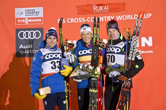 Second Didrik Tönseth, NOR. Winner Johannes Hösflot Klæbo, NOR. Third Iivo Niskanen, FIN during Cross Country Men 15km FIS World Cup Ruka Nordic 25. November 2017 in Ruka, Kuusamo, Finland.  Copyright: xTomixHänninenx NP24_00027872
