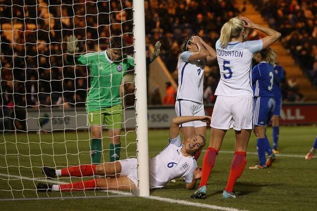 England Women v Kazakhstan Women 2019 FIFA Womens World Cup Qual The England players rue a missed chance during the 2019 FIFA Women s World Cup Qualifying match at the Weston Homes Community Stadium, Colchester Content Not Available For UK Newspapers Copyright: xPaulxChestertonx FIL-11025-0050