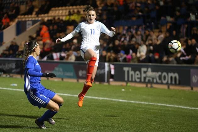 England Women v Kazakhstan Women 2019 FIFA Womens World Cup Qual Shokhista Khojasheva of Kazakhstan and Melissa Lawley of England in action during the 2019 FIFA Women s World Cup Qualifying match at the Weston Homes Community Stadium, Colchester Content Not Available For UK Newspapers Copyright: xPaulxChestertonx FIL-11025-0062