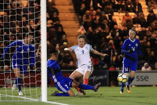 28th November 2017, Weston Homes Community Stadium, Colchester, England; Womens World Cup Qualification, England Women versus Kazakhstan Women; Shokhista Khojasheva of Kazakhstan tackles Jodie Taylor of England and the attempt flies clear  ActionPlus11957140