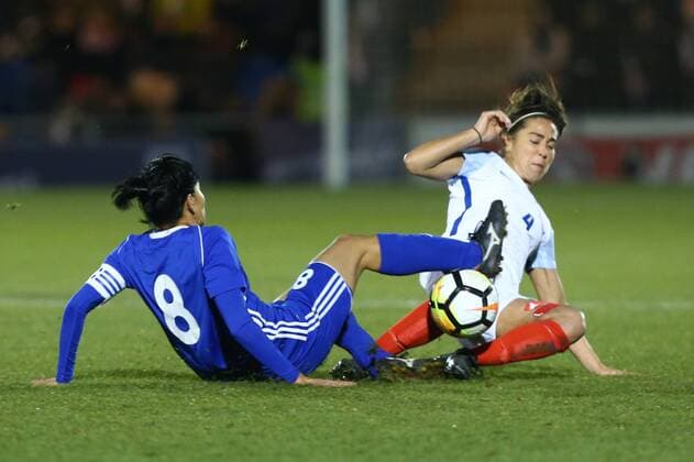 November 28, 2017 - Colchester, England, United Kingdom - England Women s Fara Williams gets tackled by Begaim Kirgizbaeva of Kazakhstan Women s ..during 2019 FIFA Women s World Cup Qualifier match between England Women and Kazakhstan Women at Weston Homes Community Stadium, Colchester, England on 28 Nov 2017. England v Kazakhstan - FIFA Women s World Cup Qualifier  - ZUMAn230 20171128_zaa_n230_463 Copyright: xKieranxGalvinx