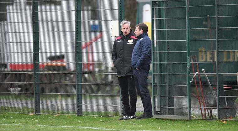 Fussball, Herren, Saison 2017 2018, 2. Bundesliga, 1. FC Union Berlin, Training, v. l. Trainer Jens Keller (1. FC Union Berlin), Lutz Munack (Geschäftsführer und Präsidiumsmitglied 1. FC Union), 27.11. 2017, Copyright: xMatthiasxKochx