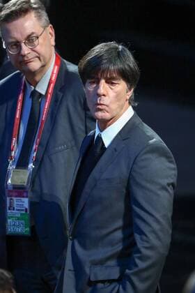 MOSCOW, RUSSIA - DECEMBER 1, 2017: Joachim Low (front), head coach of the German national football team, and German Football Association President Reinhard Grindel ahead of the 2018 FIFA World Cup WM Weltmeisterschaft Fussball final draw at the State Kremlin Palace. Stanislav Krasilnikov TASS  TS06B67E