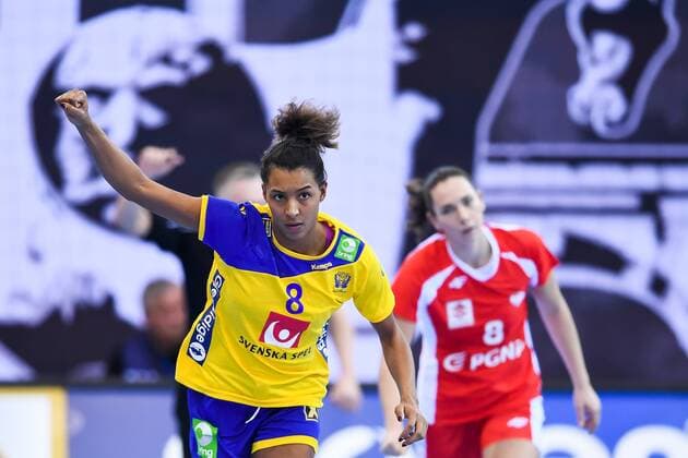 Handball, WM Damen, Schweden - Polen 171202 Sveriges Jamina Roberts jublar i matchen mellan Sverige och Polen under handbolls-VM den 2 december 2017 i Bietigheim Bissingen. Copyright: CARLxSANDIN BB171202CS022