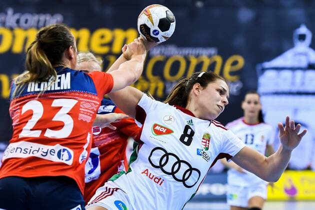 Handball, WM Damen, Norwegen - Ungarn 171202 Norges Camilla Herrem och Ungerns Aniko Kovacsics i matchen mellan Norge och Ungern under handbolls-VM den 2 december 2017 i Bietigheim Bissingen. Copyright: CARLxSANDIN BB171202CS087