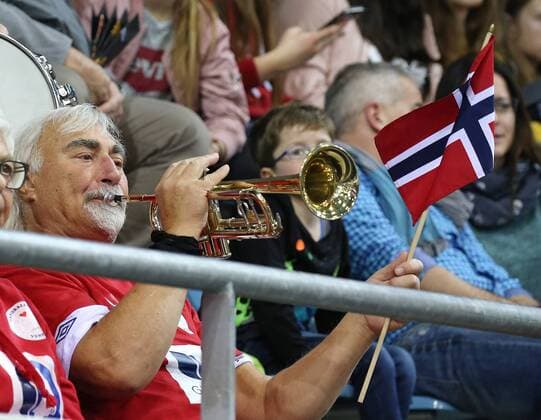 Handball, WM Damen, Norwegen - Ungarn 02.12.2017, Deutschland, Bietigheim, Handball Weltmeisterschaft der Frauen: Länderspiel Norwegen vs. Ungarn: Norwegen Fan, Zuschauer, Fan mit Fahne und Trompete