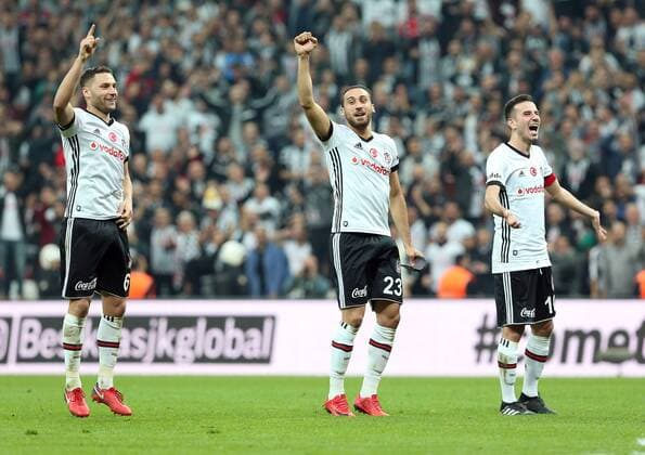Dusko Tosic (L) , Oguzhan Ozyakup (R) and Cenk Tosun of Besiktas during the Turkish Superlig match between Besiktas and Galatasaray at Vodafone Park in Istanbul , Turkey on December 02 , 2017. Final Scores : Besiktas 3 - Galatasaray 0 
