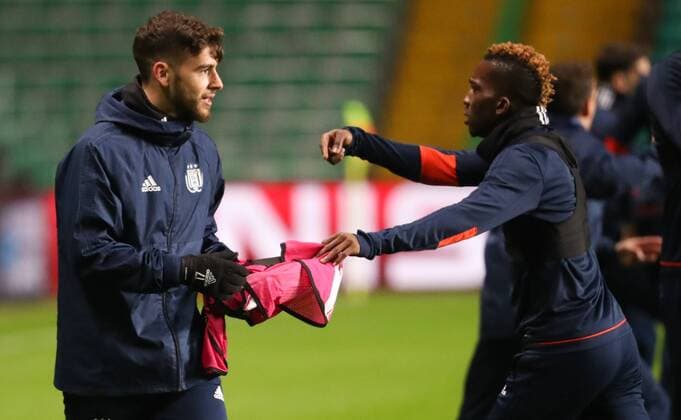 Anderlecht s Massimo Bruno and Anderlecht s Henry Onyekuru pictured during a training session of Belgian soccer team RSC Anderlecht, Monday 04 December 2017 in Glasgow, Scotland. Tomorrow Anderlecht is playing the sixth and last game in the group stage of the UEFA Champions League competition against Scottish Celtic Glasgow. VIRGINIExLEFOUR  x05214008x