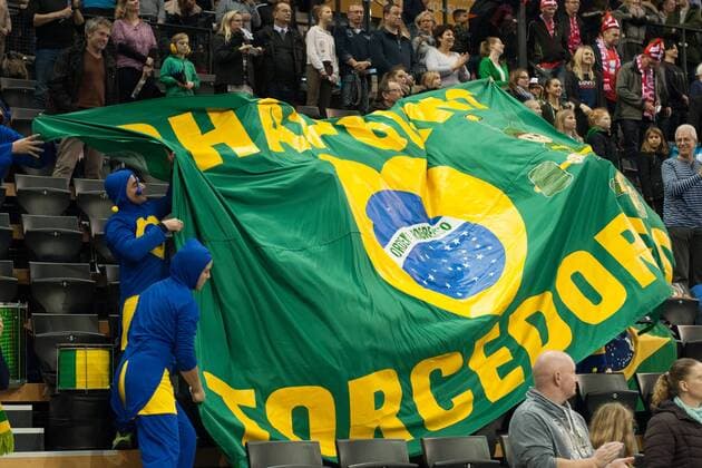 GER, IHF WM 2017, Russland (RUS) vs Brasilien (BRA) 05.12.2017, EWE Arena, Oldenburg, Germany, 23.IHF World Championship WM Weltmeisterschaft 2017 Women, first round, Group C, Russland vs Brasilien, im Bild Vor dem Spiel mit der Fahne die Brasilien Fans (BRA Fans )