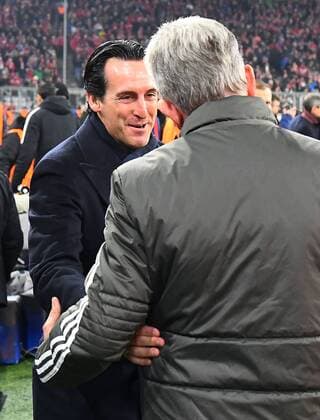05.12.2017, xjhx, Fussball UEFA Champions League, FC Bayern Muenchen - Paris Saint-Germain PSG, emspor, v.l. Trainer Unai Emery (PSG Paris St.Germain), Jupp Heynckes (Trainer FC Bayern Muenchen) Muenchen