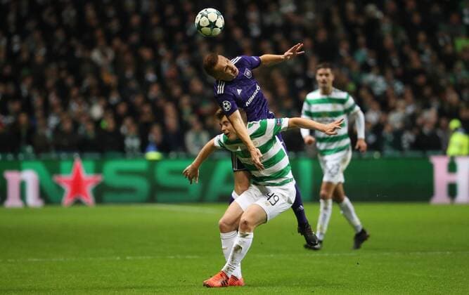 Celtic s James Forrest and Anderlecht s Adrien Trebel fight for the ball during a soccer game between Scottish team Celtic FC and Belgian club RSC Anderlecht, Tuesday 05 December 2017 in Glasgow, Scotland, the sixth and last game in the group stage of the UEFA Champions League competition. VIRGINIExLEFOUR  x05214431x