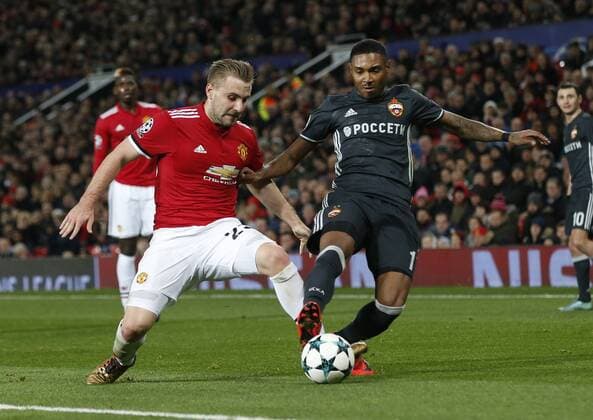 Luke Shaw of Manchester United ManU challenged by Vitinho of CSKA Moscow during the Champions League Group A match at the Old Trafford, Manchester. Picture date: December 5th 2017. Picture credit should read: Andrew Yates Sportimage EDITORIAL USE ONLY. No use with unauthorised audio, video, data, fixture lists, club league logos or live services. Online in-match use limited to 120 images, no video emulation. No use in betting, games or single club league player publications.