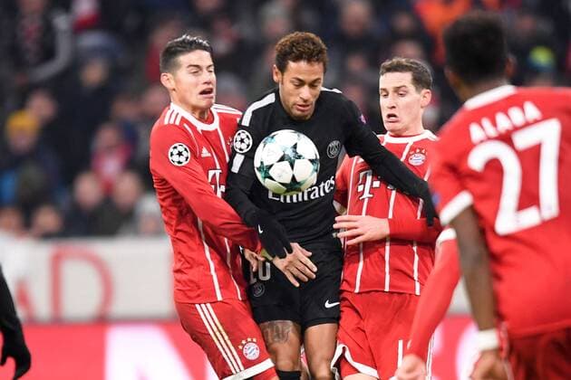10 NEYMAR JR (psg) - 11 James Rodriguez (bay) - 19 Sebastian Rudy (bay) FOOTBALL : Bayern Munich vs Paris SG - Ligue des Champions - 05 12 2017 AnthonyBIBARD FEP Panoramic 