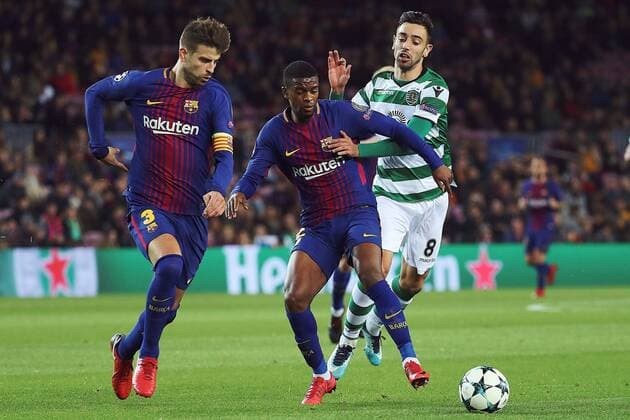 FC Barcelona Barca s defenders Gerard Pique (L) and Nelson Semedo (C) vie for the ball against Sporting Lisboa sBruno Fernandes during the UEFA Champions League 6th round groups phase match between FC Barcelona and Sporting Lisboa at the Camp Nou stadium in Barcelona, Catalonia, Spain, 05 December 2017. FC Barcelona vs. Sporting Lisboa !ACHTUNG: NUR REDAKTIONELLE NUTZUNG!  Copyright: xAlejandroxGarciax UEF007 20171205-636481074630183817