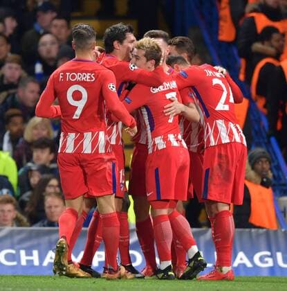 Chelsea v Atletico Madrid UEFA Champions League Plasyers of Atletico Madrid celebrate after Sa?l iguez scored first goal during the UEFA Champions League match at Stamford Bridge, London Content Not Available For UK Newspapers Copyright: xSimonxDaelx FIL-11053-0027